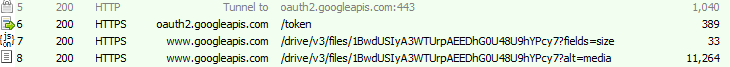 Fiddler session showing download from Google Drive