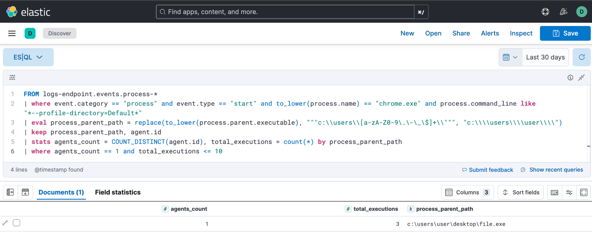 ES|QL query results for chrome browser spawned from an unusual parent
