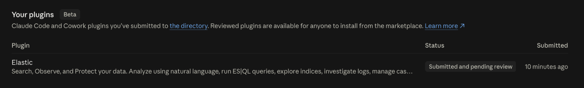 Claude plugins dashboard showing the Elastic plugin submitted and pending review ten minutes after sending