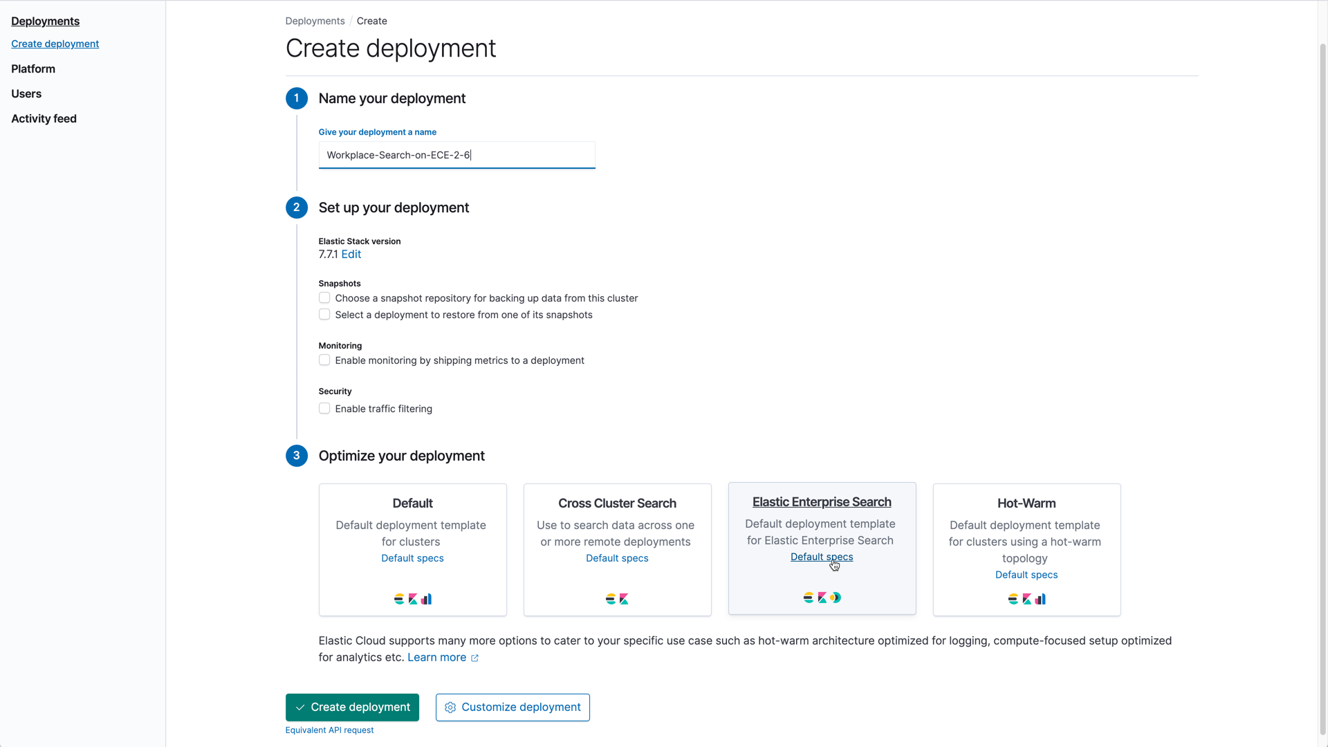 Enterprise Search deployment template on ECE