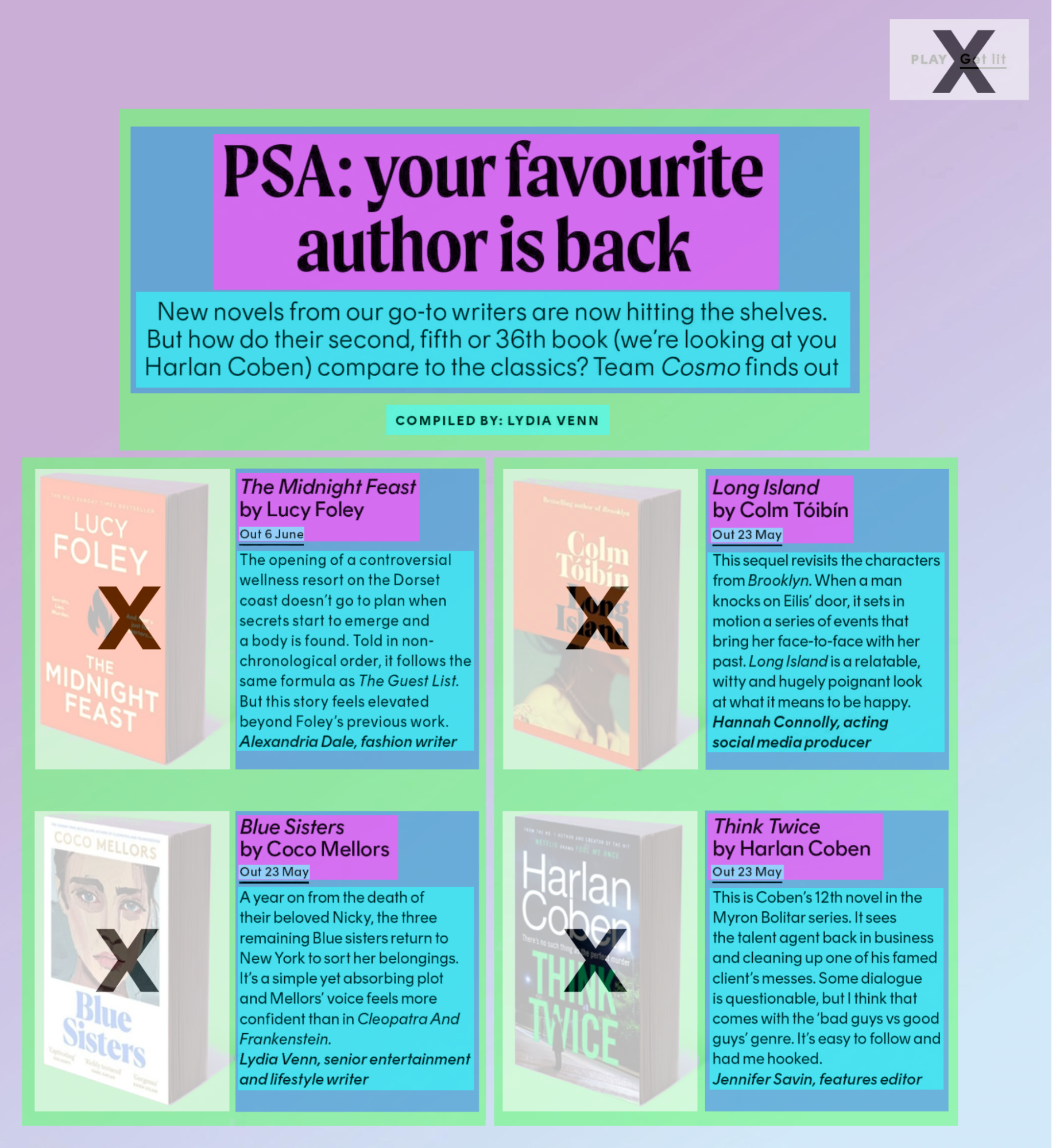 Cosmopolitan page annotated to show text elements OCR should ignore: book covers, header, page number