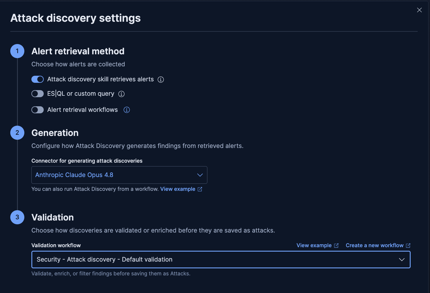Attack Discovery settings panel in Elastic Security 9.5 showing alert retrieval method, AI connector selection for generating attack discoveries, and validation workflow configuration.