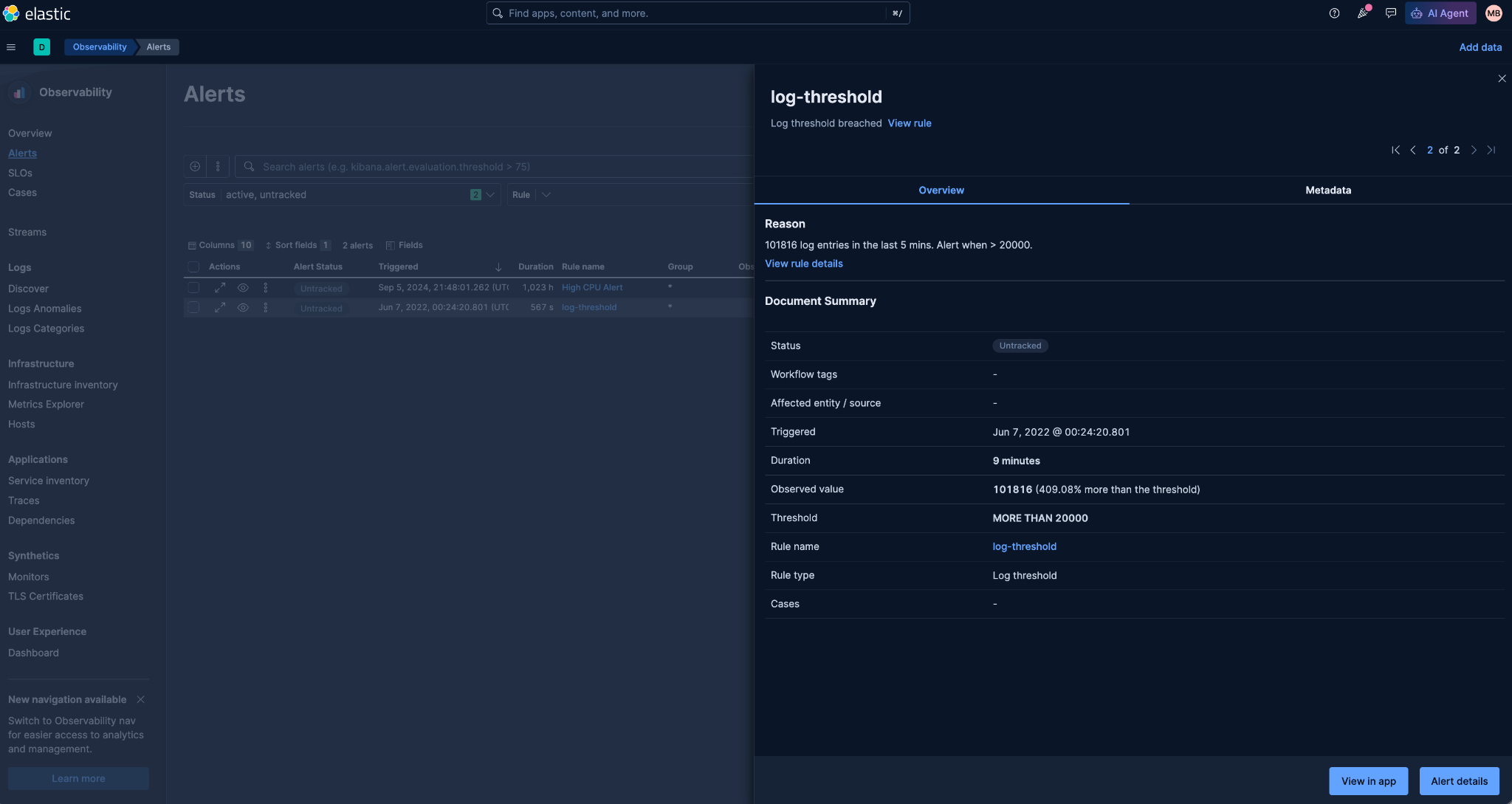 Observability alert details page with anomaly trend and impacted devices