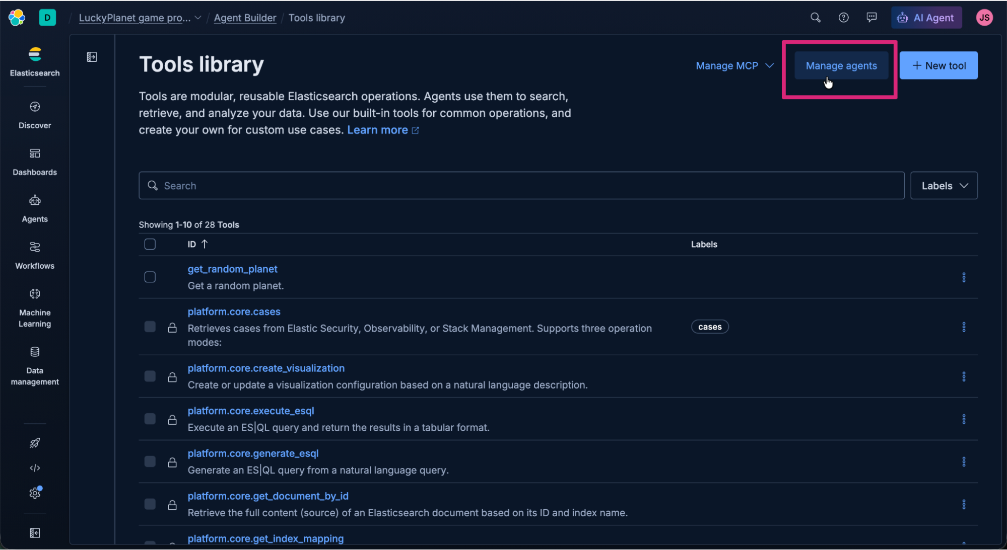 Screenshot of the Elastic AI Agent “Tools library” interface in dark mode, showing a list of modular Elasticsearch operations. The left sidebar includes navigation options, like Discover, Dashboards, Agents, Workflows, Machine Learning, and Data management. The focus is on the “Manage agents” button at the top right of the interface.