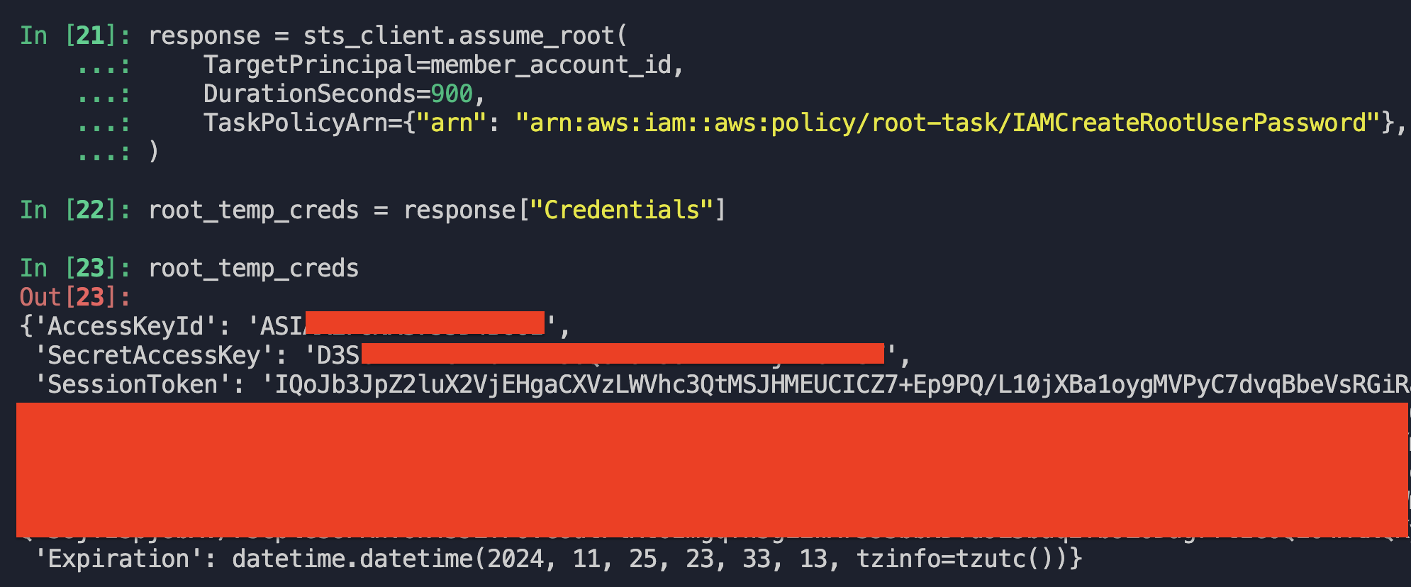 Terminal output showing AssumeRoot with IAMCreateRootUserPassword for AWSAssumeRoot member account
