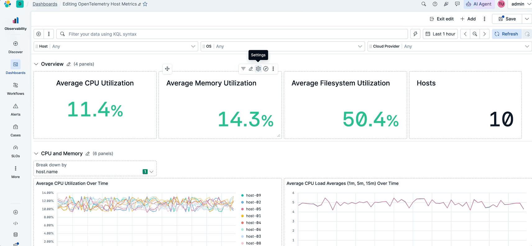 Kibana dashboard edit mode showing the Settings gear icon on an ES|QL metric panel with global filter controls