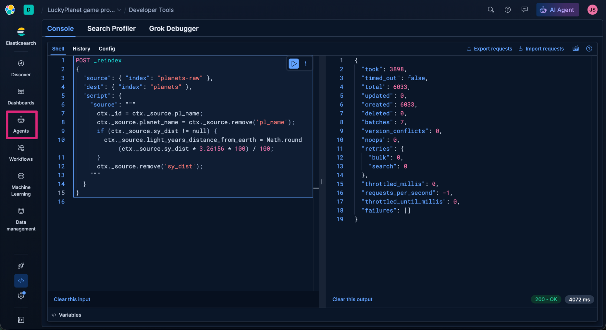 Screenshot of the Elasticsearch Developer Tools console, showing a reindexing script transferring data. The left panel contains the JSON script, and the right panel displays the operation’s output confirming 6,033 documents created with no errors. The focus is on the “Agents” icon in the left sidebar.