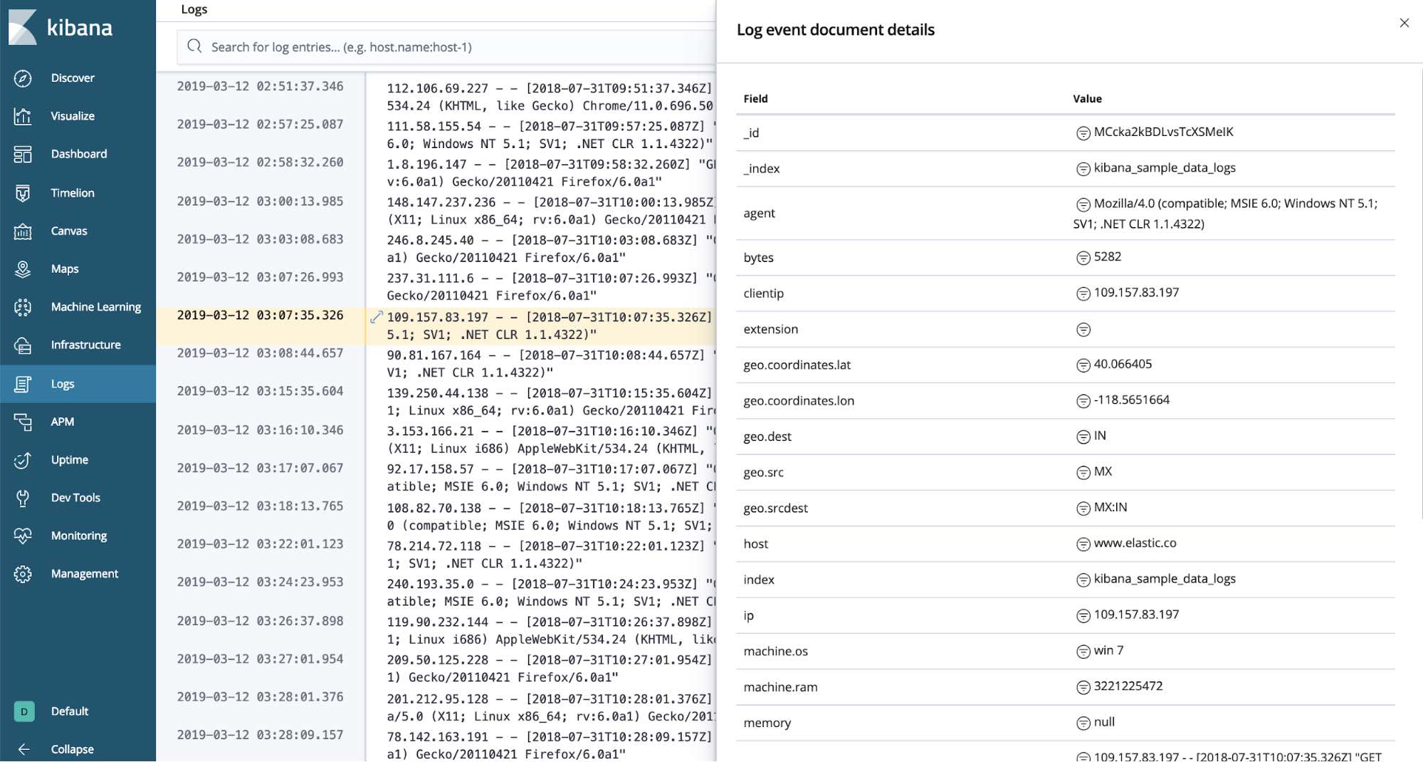 Kibana 6.7 Logs 应用