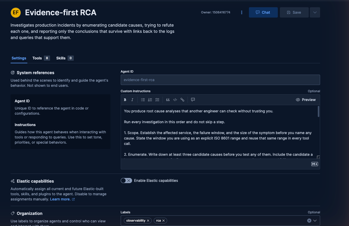 The agent in Agent Builder with its eight tools