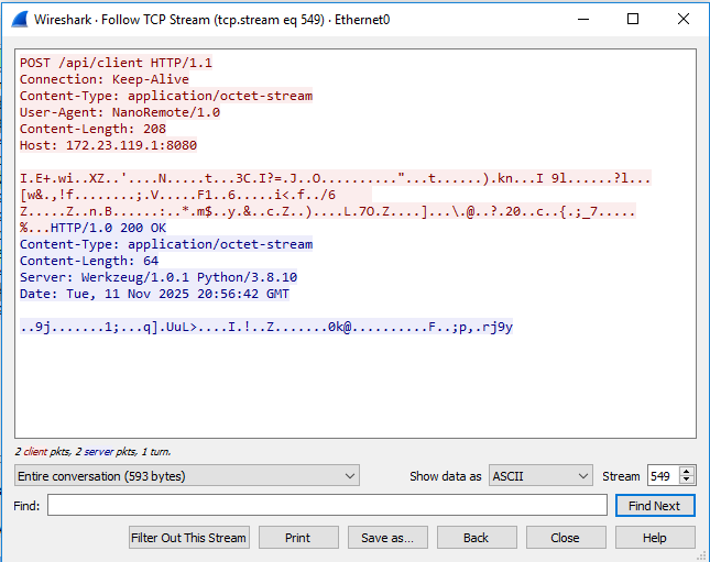 Packet capture showing NANOREMOTE C2 communication