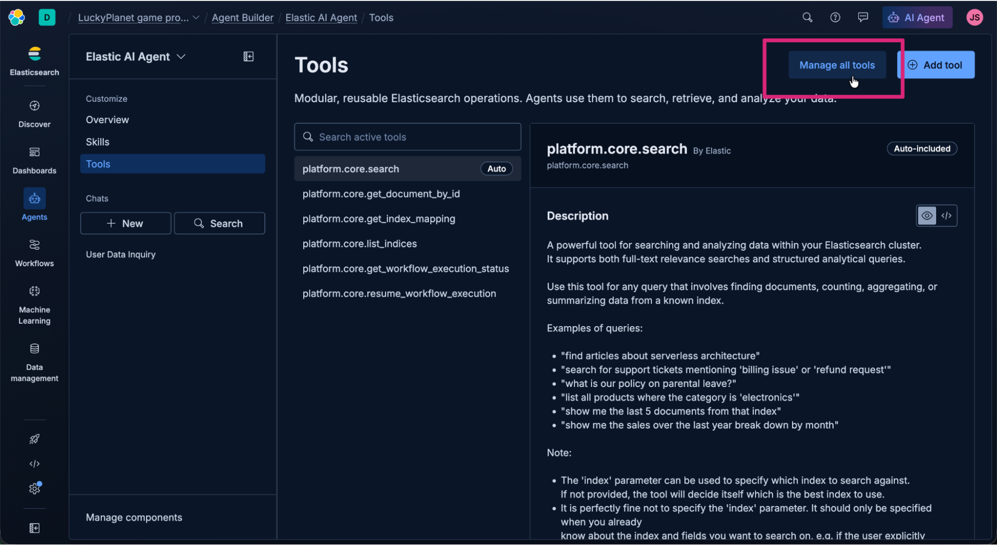 Screenshot of the Elastic AI Agent interface in dark mode showing the “Tools” page. The left sidebar lists navigation options such as Discover, Dashboards, Agents, Workflows, Machine Learning, and Data management. The main panel displays a list of platform tools. The focus is on the “Manage all tools” button at the top right of the interface.