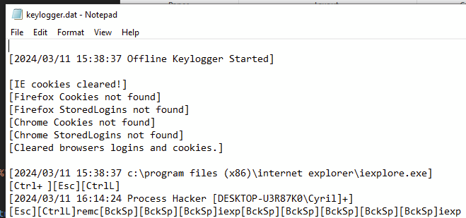 Keylogging data content