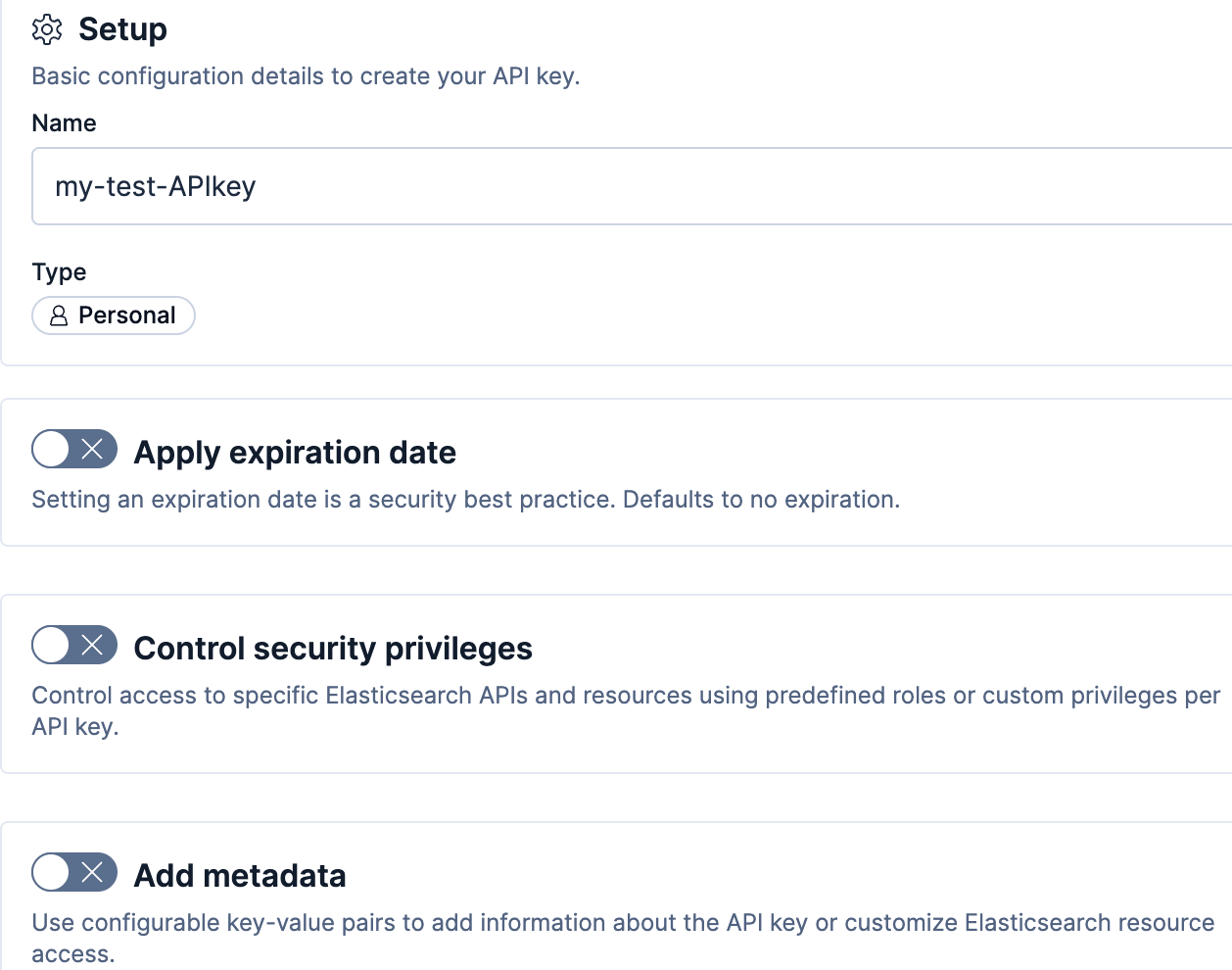 Creating an Elasticsearch API key in Kibana: setup screen showing key name, Personal type and disabled toggles for expiration date and security privileges