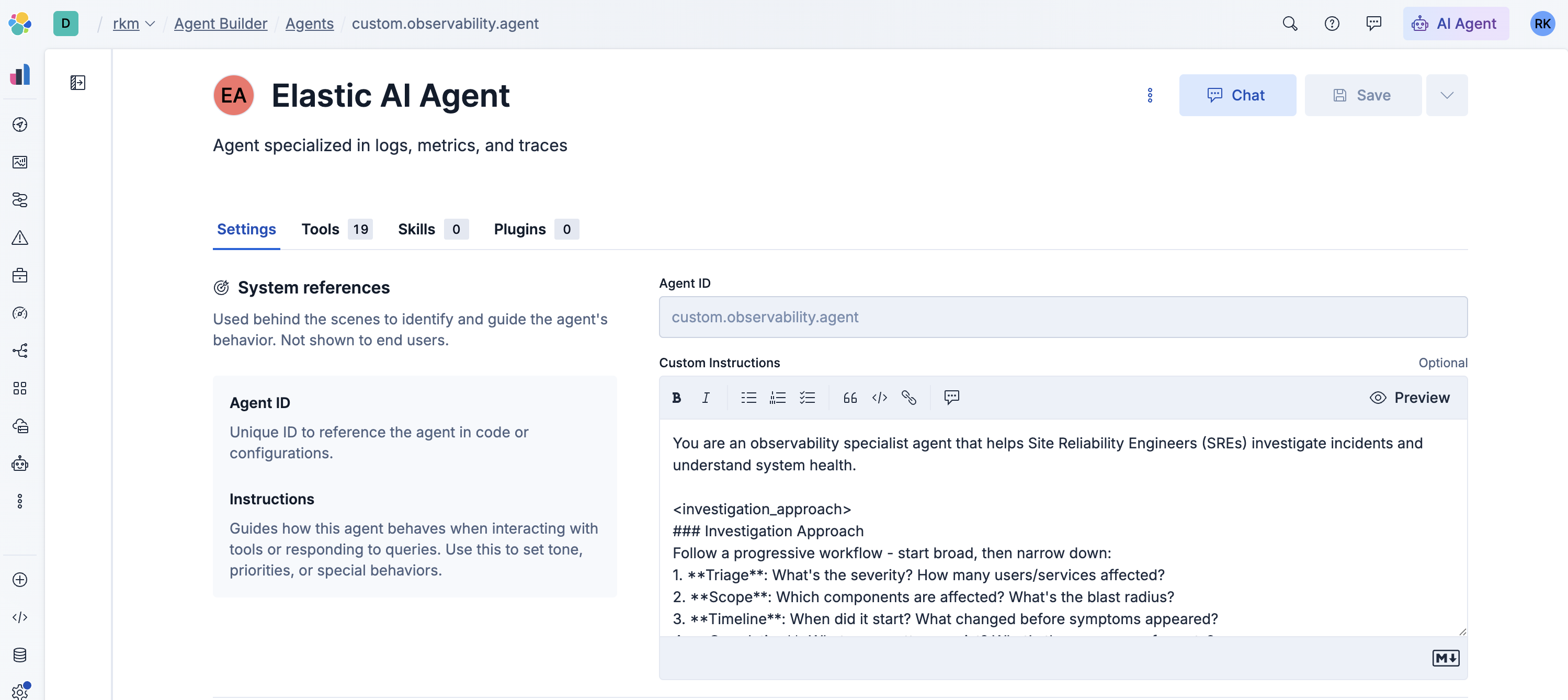 Observability Agent v2 tools and instructions.