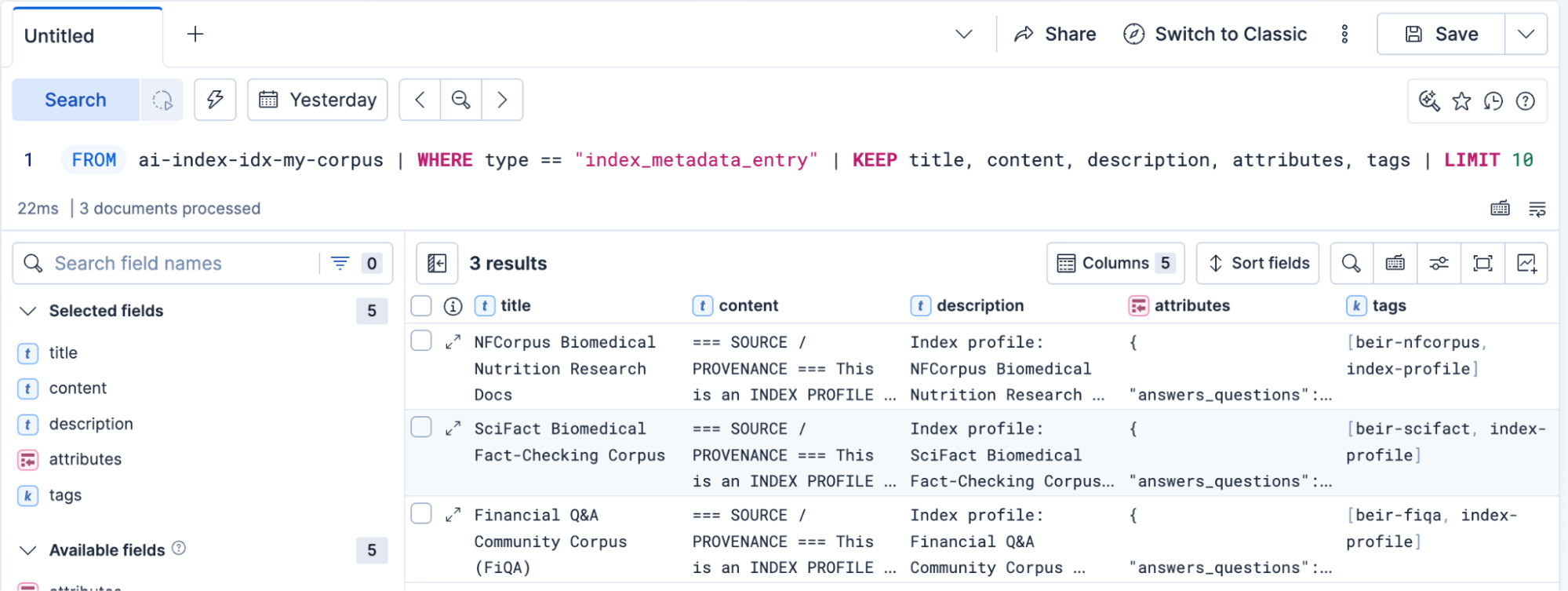 ES|QL query results from an AI Index showing three index metadata Knowledge Indicators in Kibana Discover