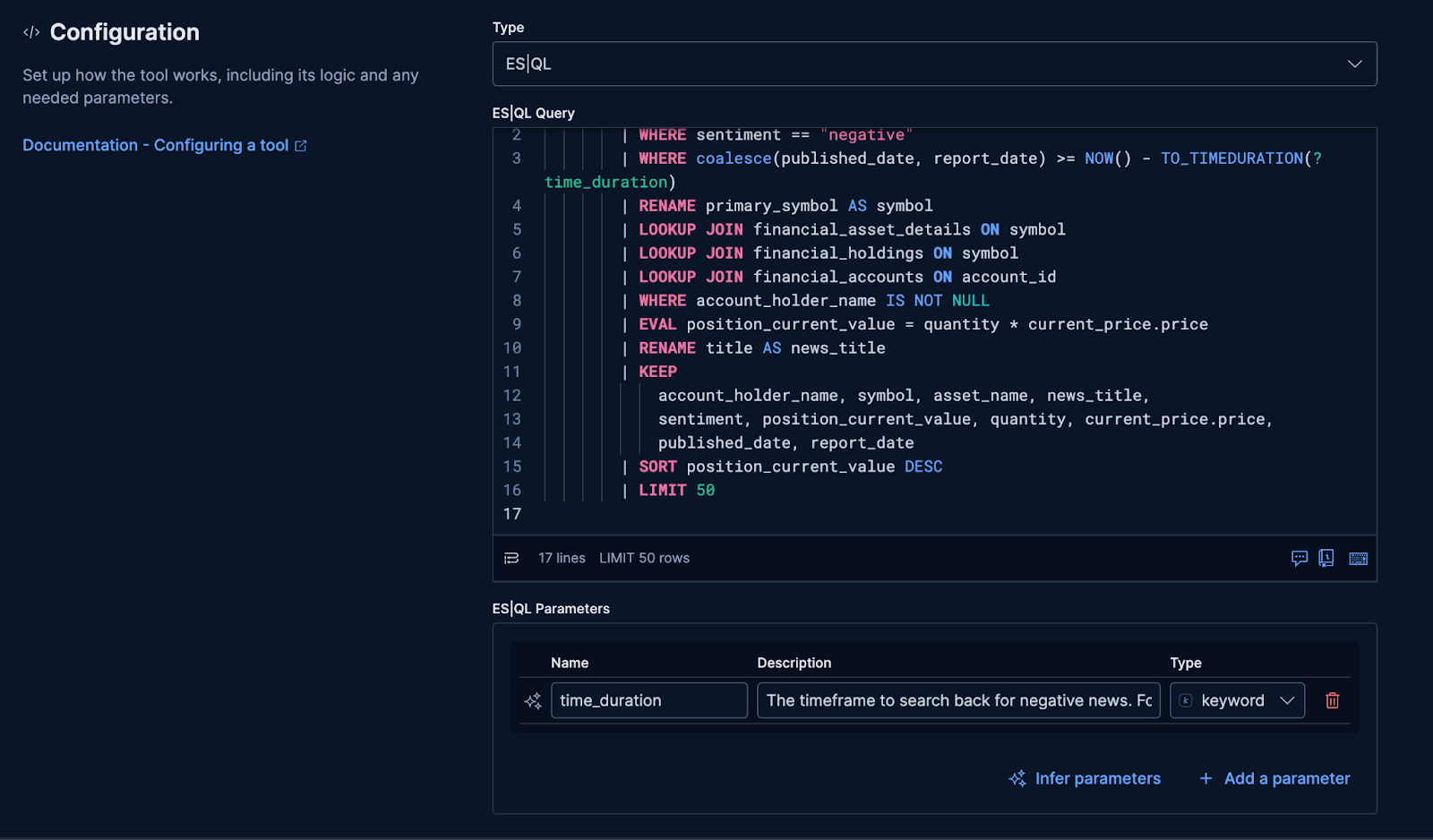 ESQL クエリを使用して、ロジックや必要なパラメータを含むツールを構成します。 