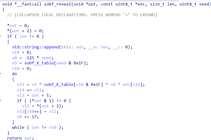 Decompiled CloudSyncD sobf_reveal function showing the XOR string decryption algorithm