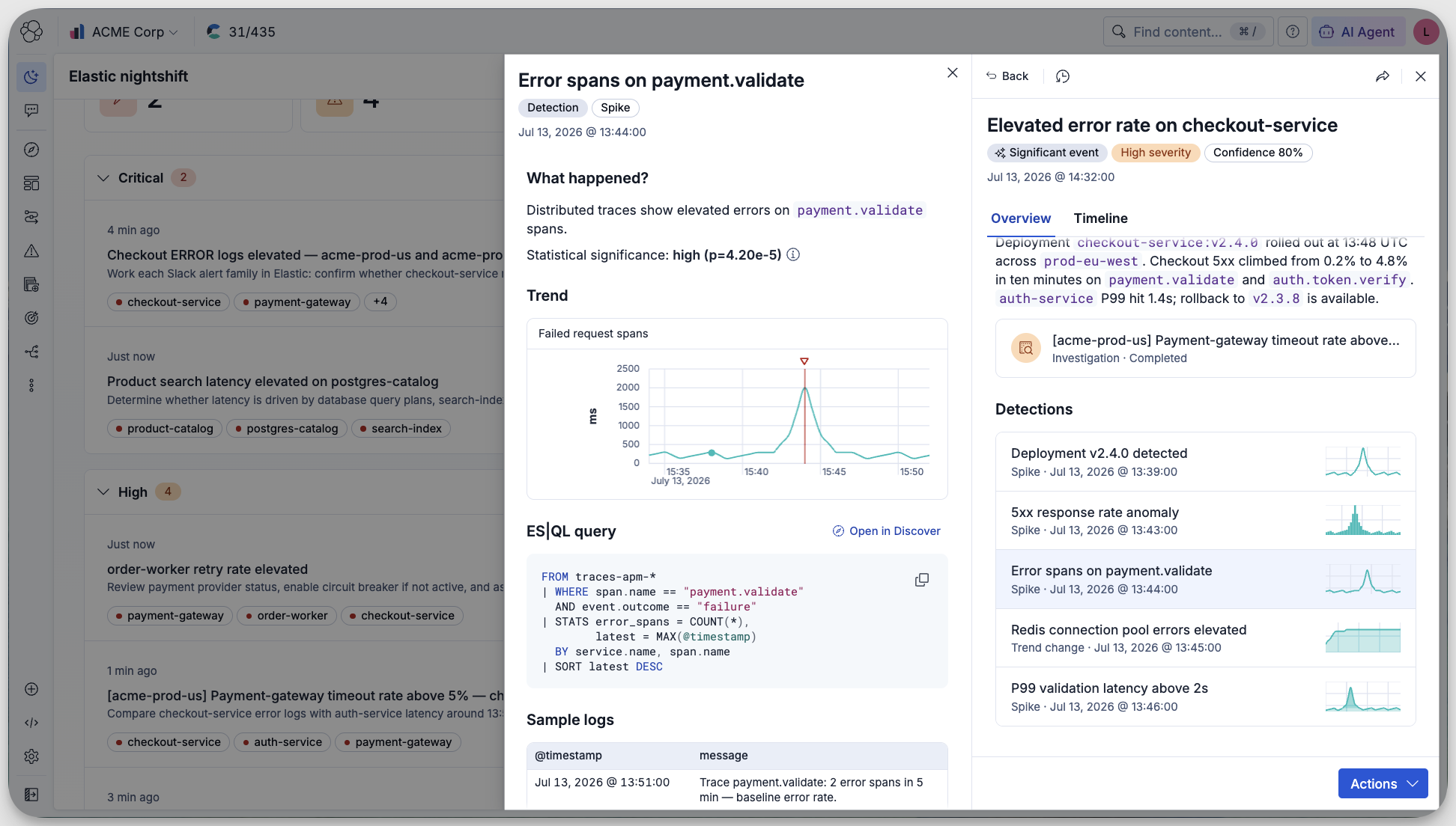 Detection Engine grouping error spikes into a Significant Event, with the ES|QL query and sample logs behind it