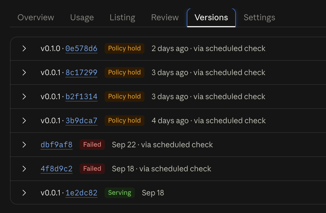 Claude plugin versions list showing repeated v0.0.1 policy holds from scheduled checks on every commit