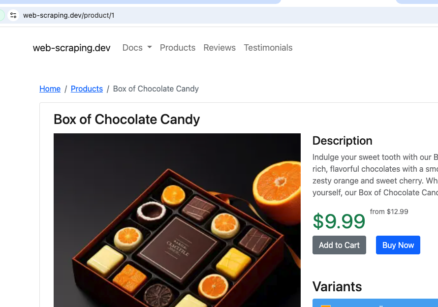 Die Produktseite für „Schokoladenbox“ von der Domain web-scraping.dev, einer Testseite für Web-Scraping. Auf der Seite werden der Produkttitel, das Bild, die Beschreibung sowie die HTML-Elemente für Preis- und Kaufbuttons angezeigt.