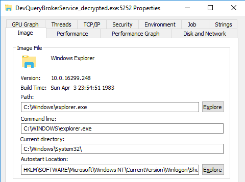 DevQueryBrokerService.log Spoofed Image Command-Line