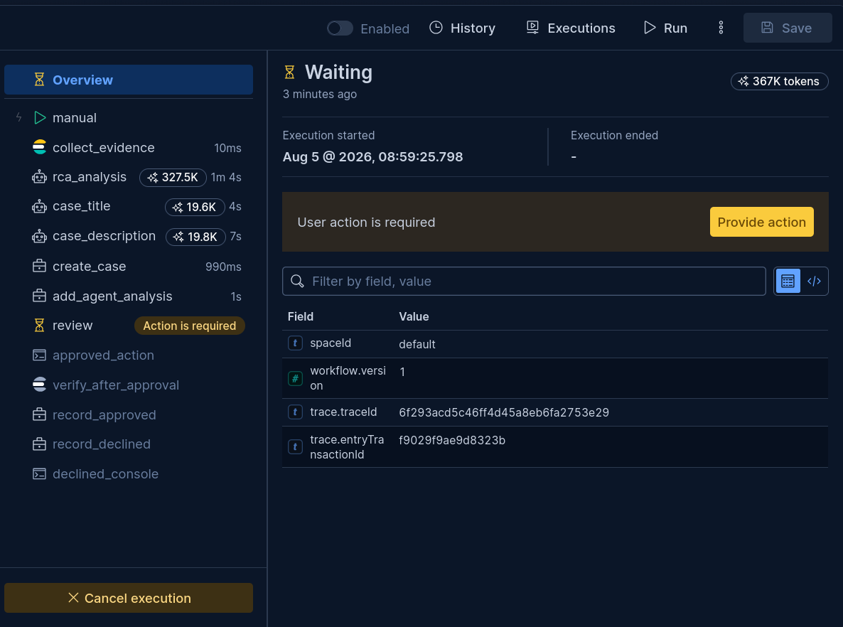 Workflow execution paused in the waiting state, with the evidence and case steps complete and the review step flagged as requiring action