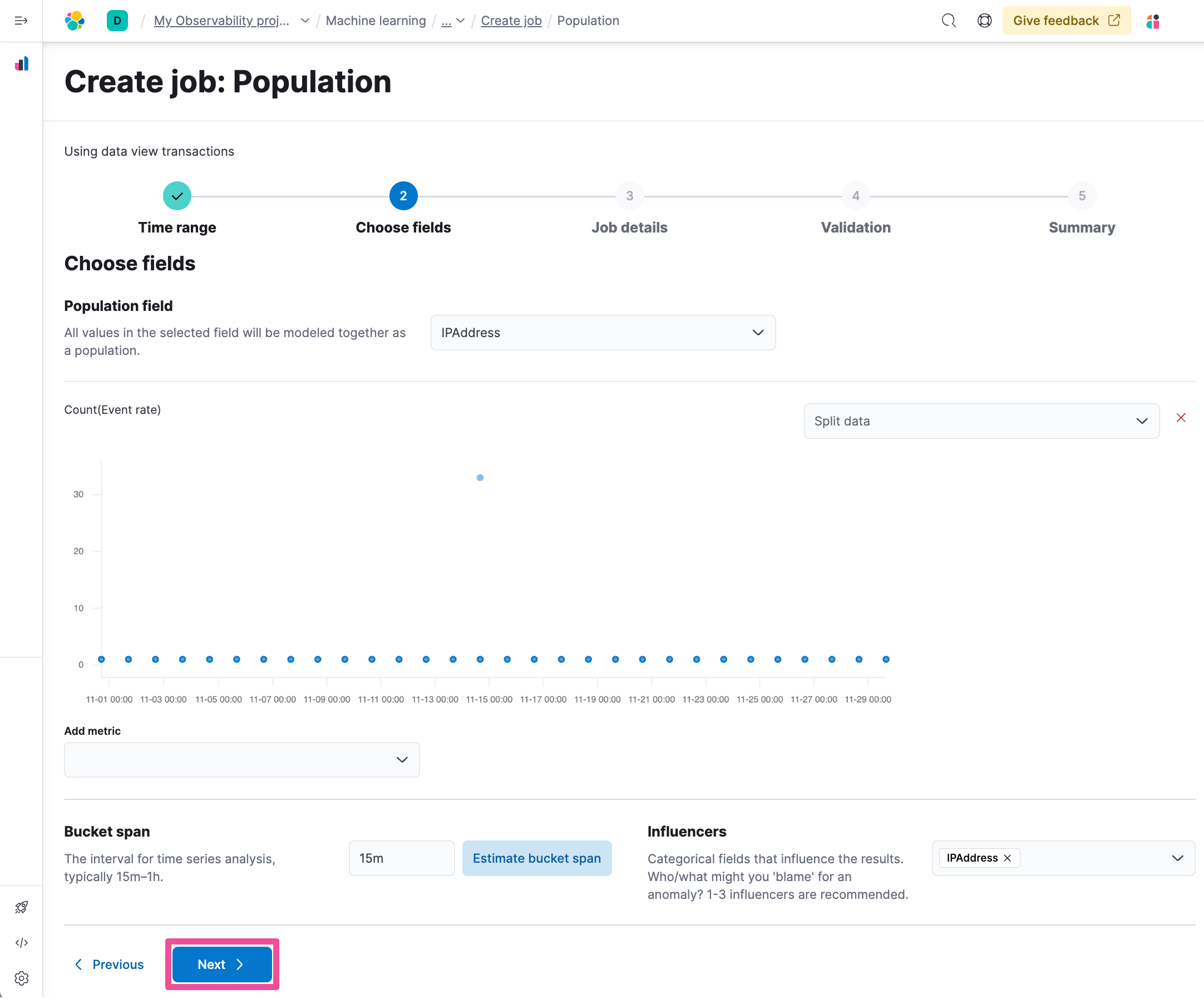 Configure anomaly detection job population create next