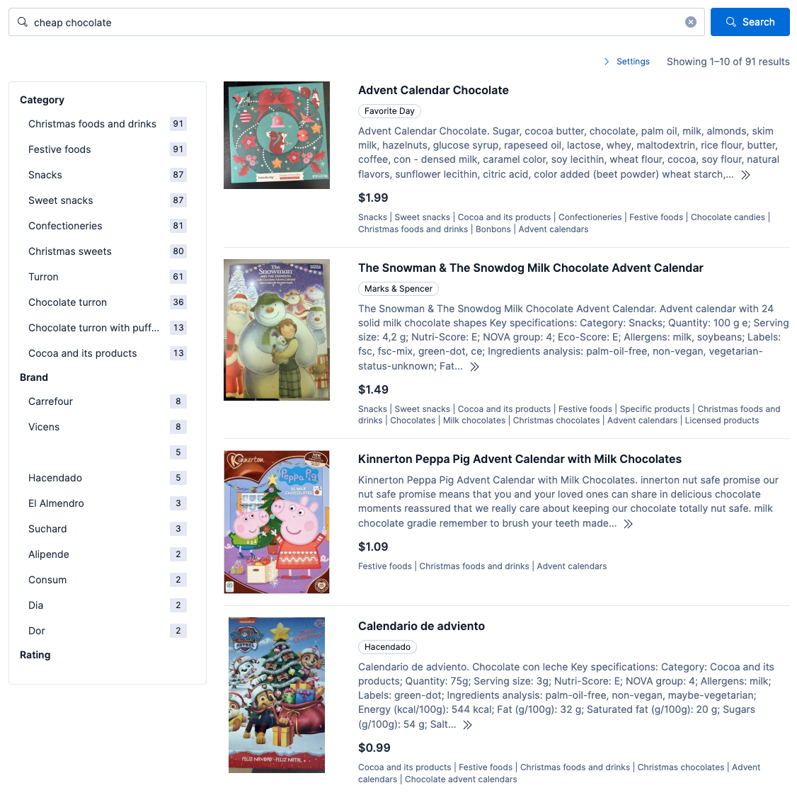 Suchergebnisseite, die eine Suche nach „günstiger Schokolade“ zeigt, mit Kategorie- und Markenfiltern auf der linken Seite und einer Liste von Schokoladen-Adventskalenderprodukten mit Bildern, Preisen und Produktdetails auf der rechten Seite.