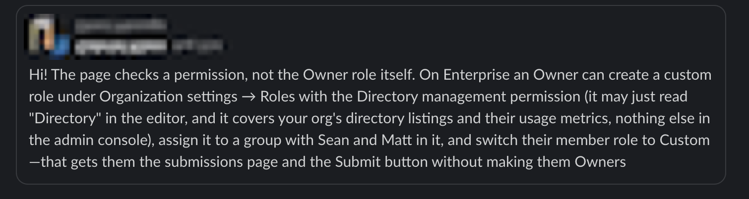 Anthropic Slack reply explaining a custom role with Directory management permission for plugin submission
