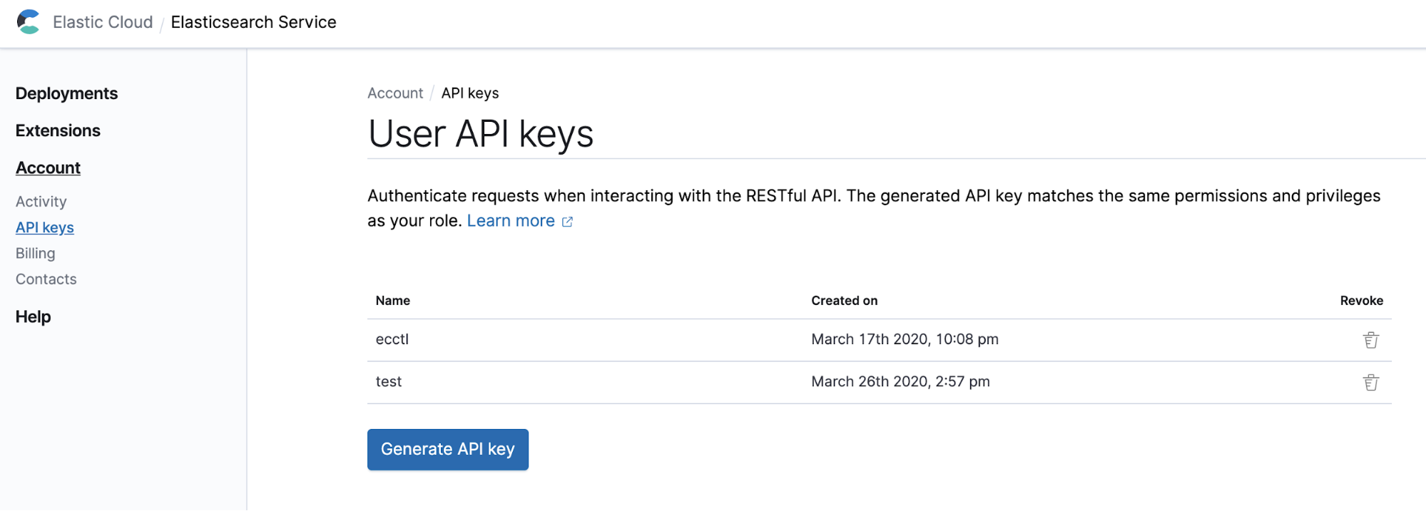 Create a API key from the Elastic Cloud console