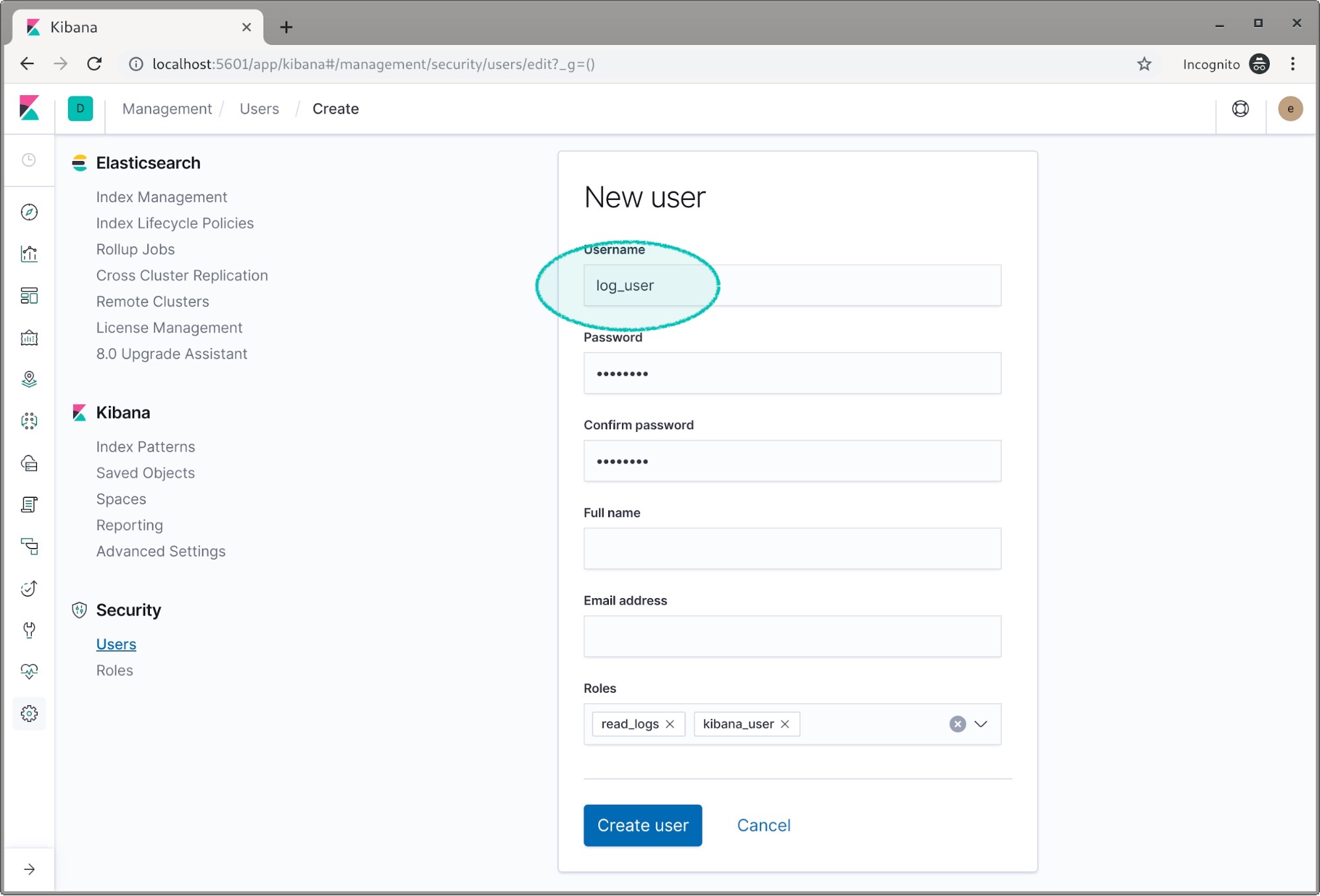 Crear el usuario de logs