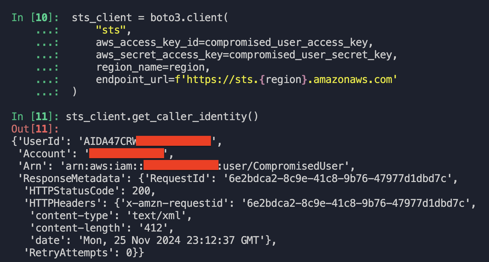 Terminal output when creating STS client with stolen IAM user credentials
