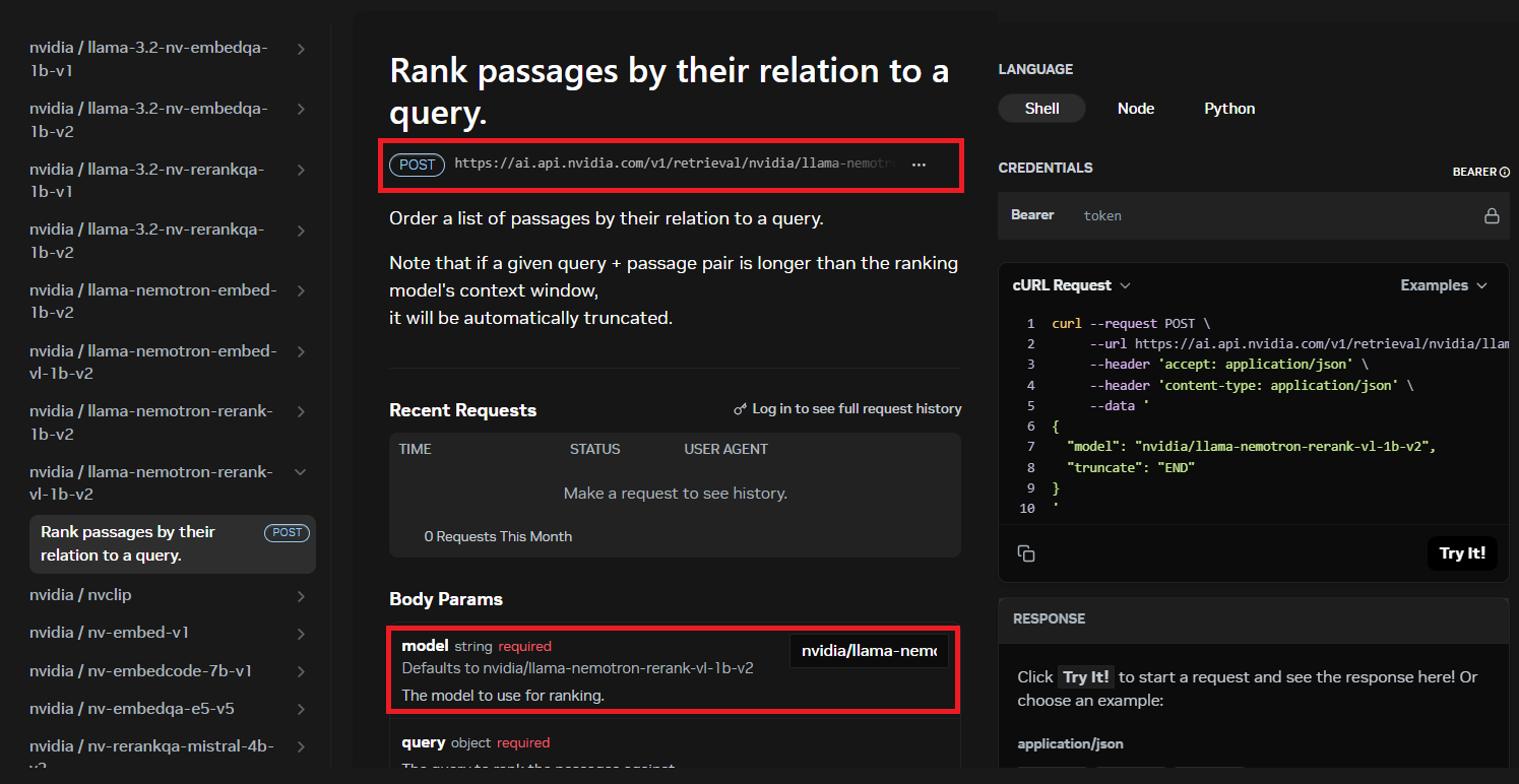 NVIDIA rerank API reference showing the POST endpoint and model parameter for llama-nemotron-rerank-vl-1b-v2