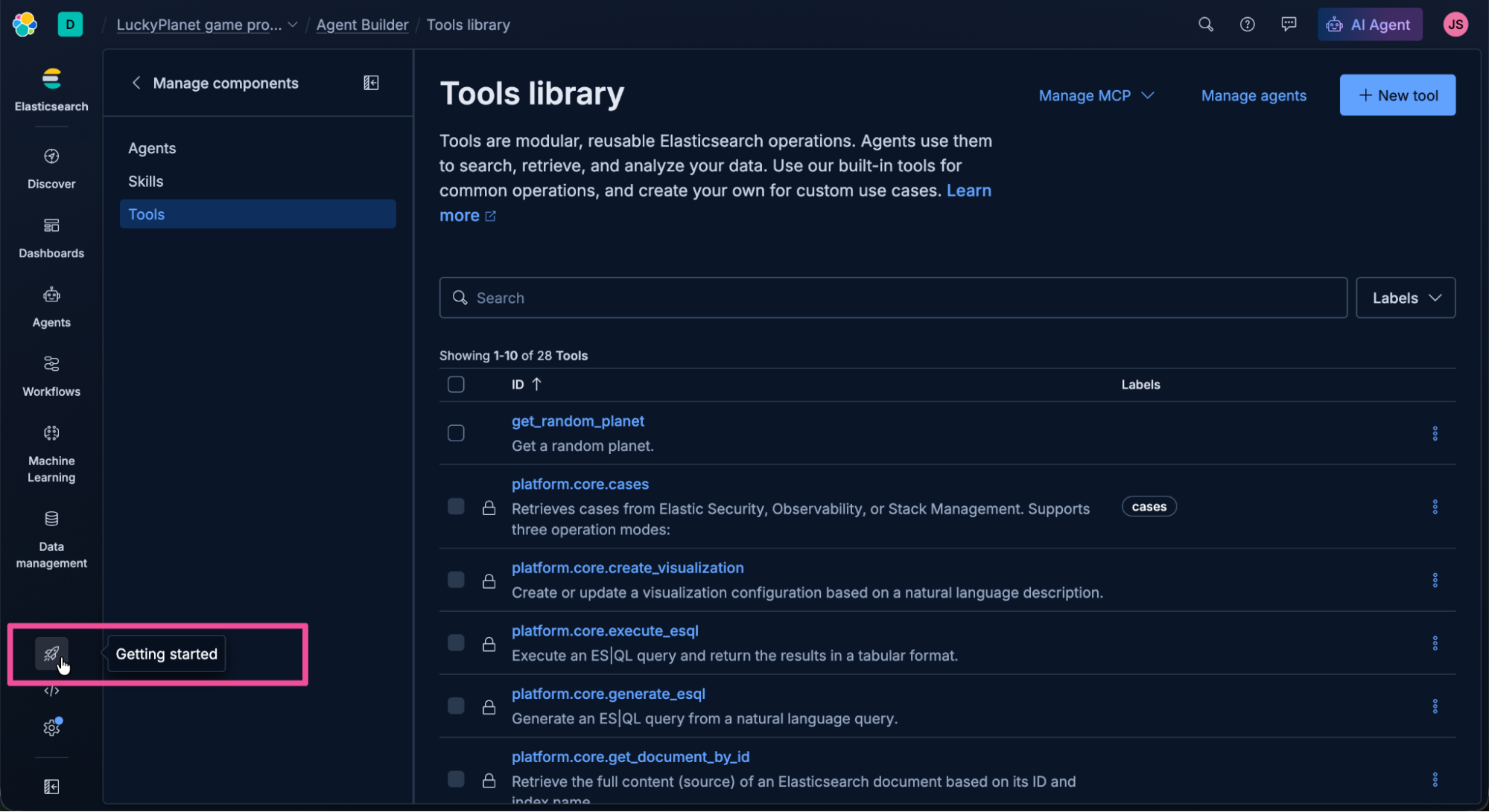 Screenshot of a dark‑themed interface showing a workspace titled "Lucky Planet Agent." The left sidebar lists sections including Customize, Overview, Skills, and Tools, with the focus on "Getting started." The main panel displays the heading Tools library and a description about modular, reusable Elasticsearch operations. A list of tools appears below. The upper-right corner includes buttons labeled Manage MCP and New tool.