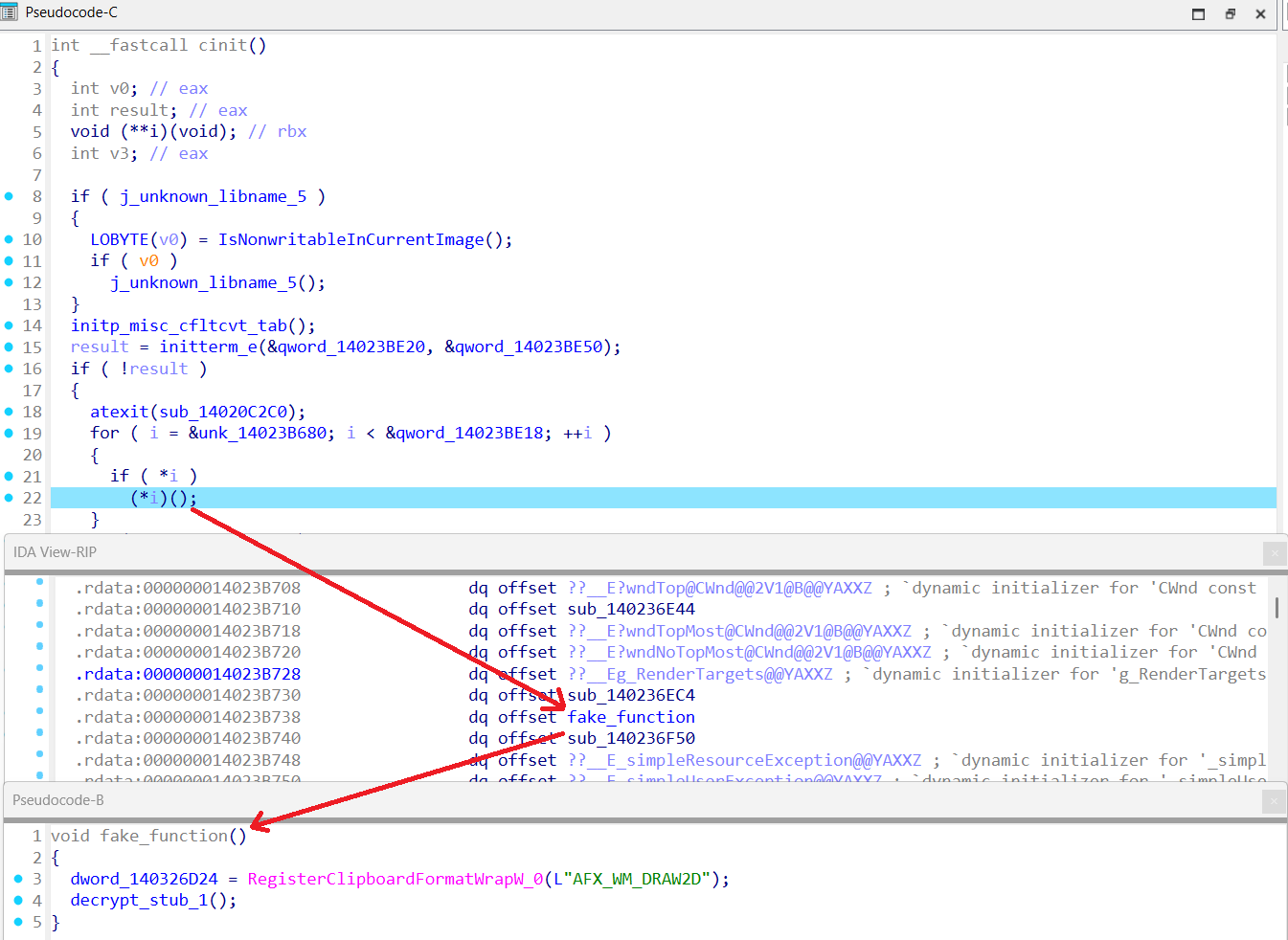Malicious code started through CRT initialization