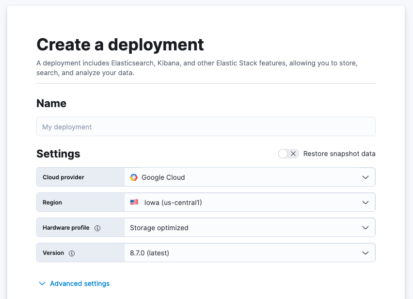 Screenshot of Elastic Enterprise Search and how to create a deployment