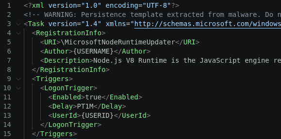 Scheduled task XML used by KREMLIN, disguised as MicrosoftNodeRuntimeUpdater to run one minute after logon