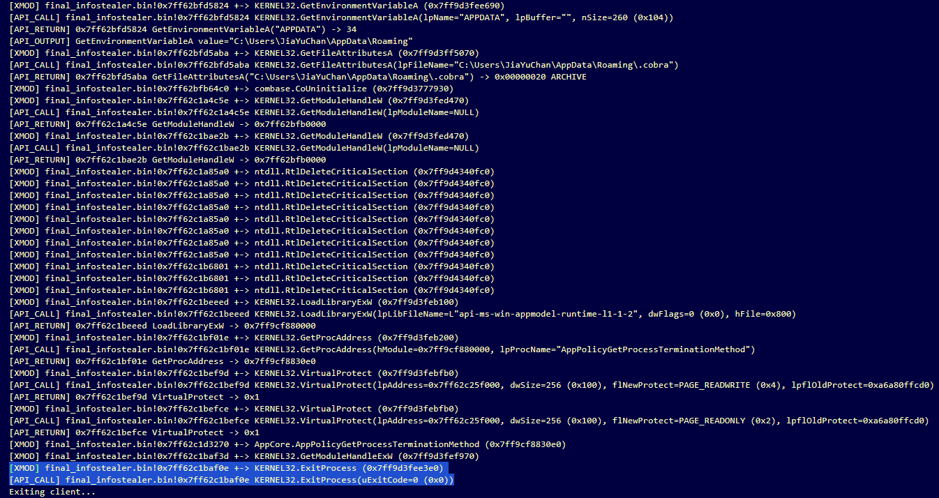 API trace of the infostealer exiting early after finding the .cobra marker file in AppData