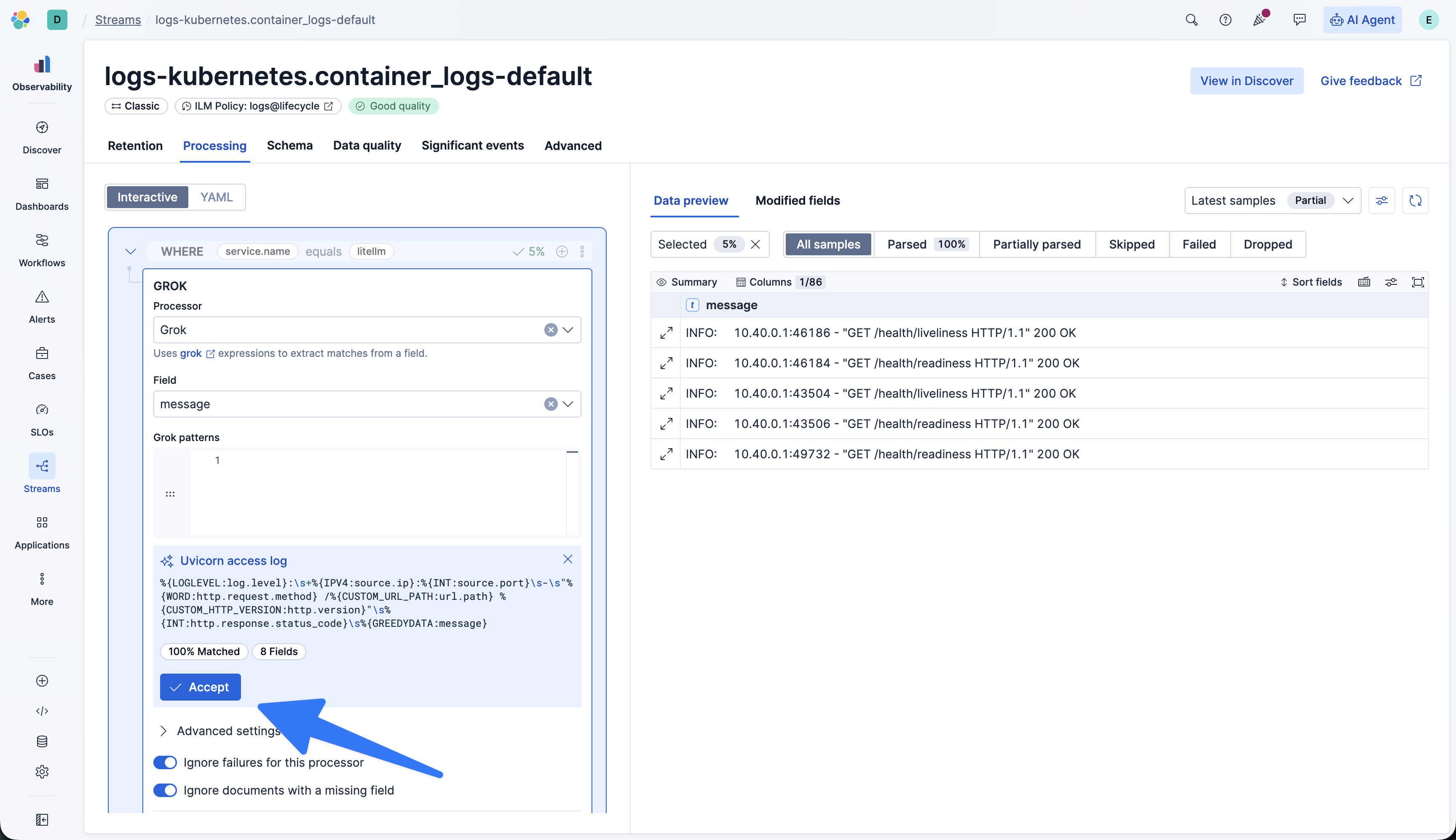 Accepting AI-generated Grok pattern after matching selected Uvicorn logs