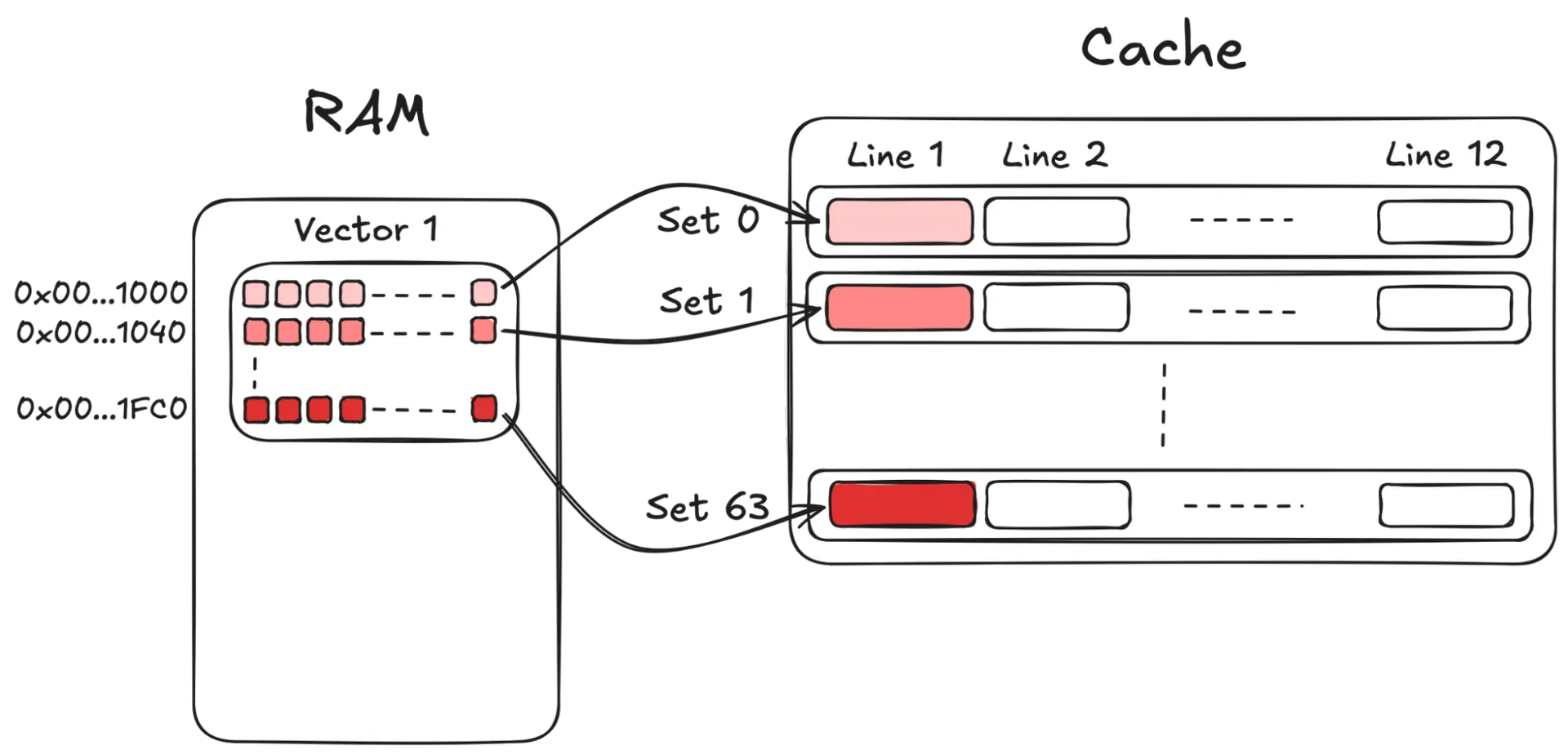 Diagram showing how data blocks from RAM labeled Vector 1 map to cache sets and lines.