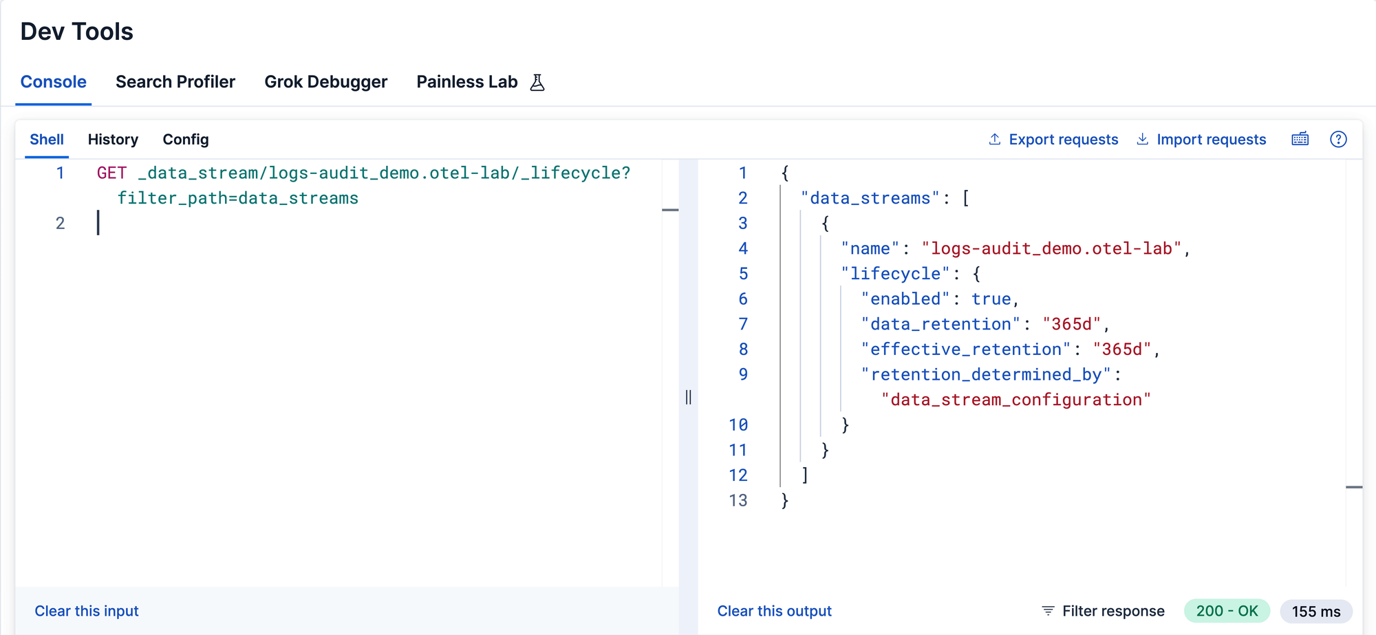 Kibana Dev Tools lifecycle API response showing 365d data retention on the audit log data stream