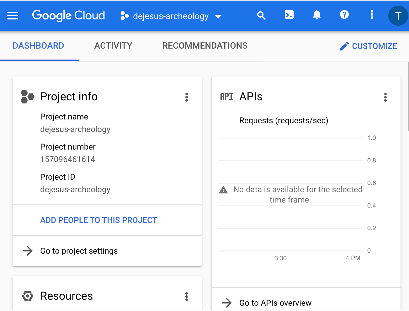 Project dashboard in Google Cloud