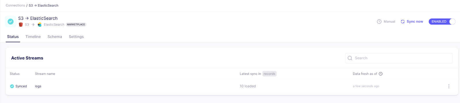 Synchronisierungsstatus von S3 zu Elasticsearch in Airbyte