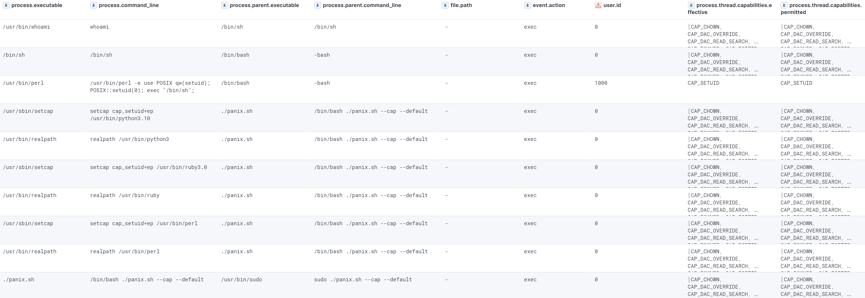 Events generated as a result of the Linux capability persistence establishment