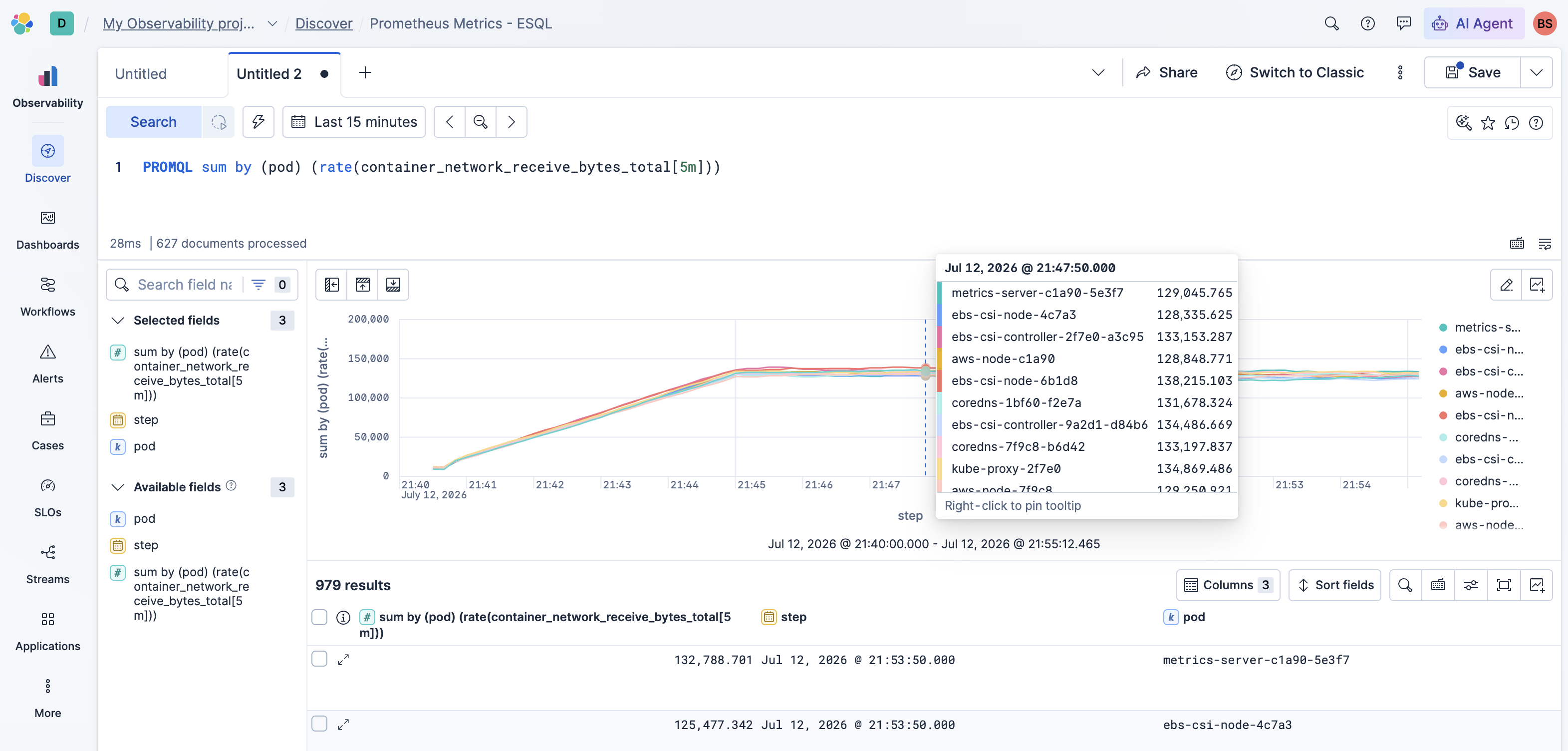 PromQL network receive rate by pod running in Discover