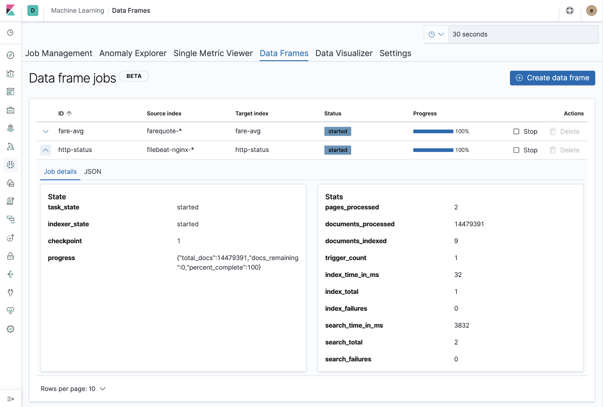 Machine learning data frame jobs in Kibana