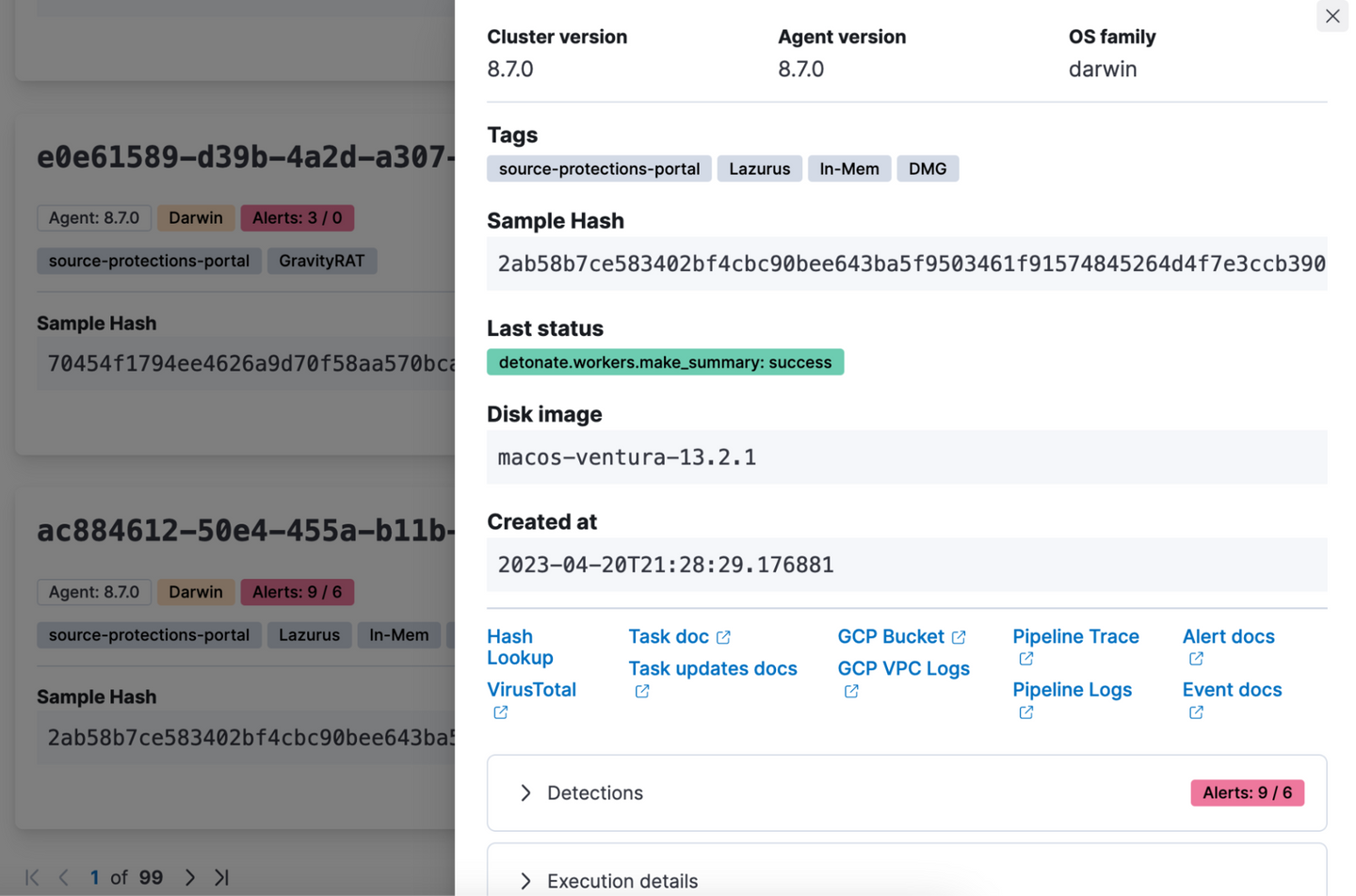 The UI shows the completed detonation task in the Protections Portal.